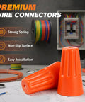 180 Piece Twist-On Wire Connectors Kit With Top Notch Durable Nylon Shell And Metal Spring on a workbench with orange caps