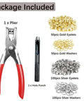 Half Inch Grommet Tool Kit With 150 Eyelets And Hole Punch Pliers showing gold and silver metal eyelets and washers