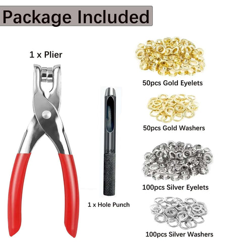Half Inch Grommet Tool Kit With 150 Eyelets And Hole Punch Pliers showing gold and silver metal eyelets and washers