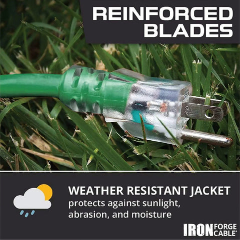 Close-up of the 12 Gauge Outdoor Extension Cord 25 Ft Built Tough Heavy Duty 3 Prong SJTOW Oil Resistant Flame Retardant Vinyl Lighted End on grass