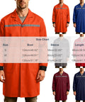 Mens Heavy Duty Mechanic Lab Coat With Reflective Safety Strips in orange, showing size chart for breathable workshop gear.