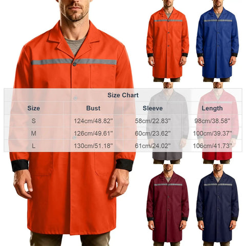 Mens Heavy Duty Mechanic Lab Coat With Reflective Safety Strips in orange, showing size chart for breathable workshop gear.