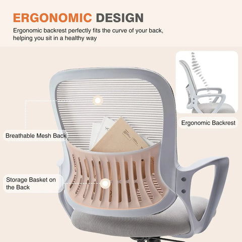 Ergonomic Mid Back Mesh Office Chair With Wheels And Lumbar Support For Home And Office, Breathable Backrest shown from back