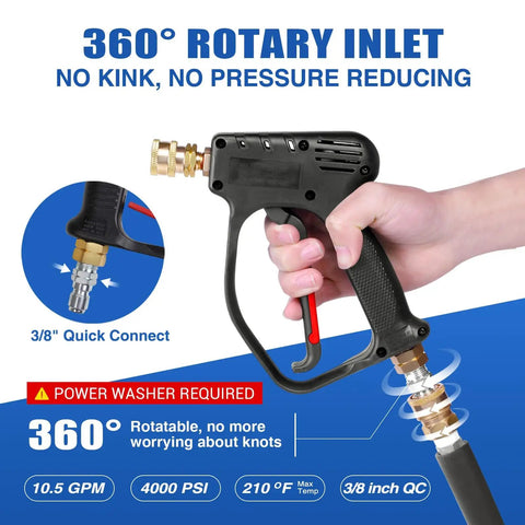 Short Pressure Washer Gun With 4000 PSI Beast Mode Cleaning Power, 10.5 GPM Foam Ready, Three Eighths Inch Quick Connect in hand