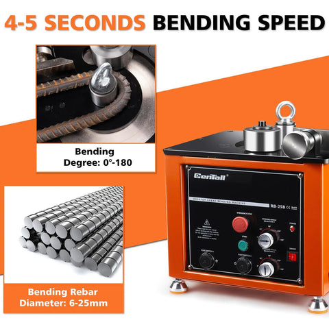 Centall 1 Inch 1600W Electric Rebar Bender With Dual Foot Pedals Ultra Fast Bending Tool For 1/4 To 1.3 Inch Steel Rod Angle Up To 180 Degrees close-up of bending mechanism and control panel.