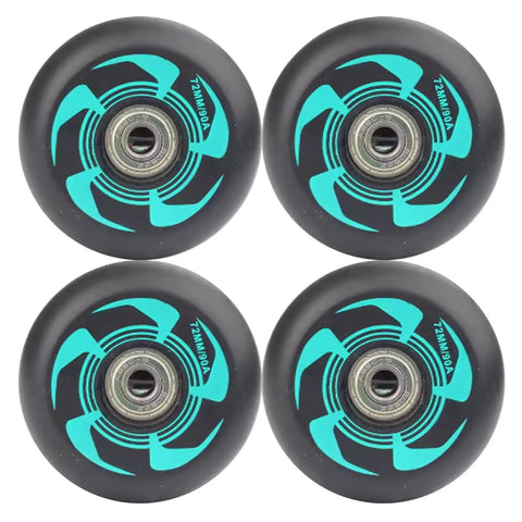 90A Inline Skate Wheels Replacement Set In 72mm 76mm And 80mm With Bearings, four black and turquoise wheels for roller blades.