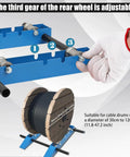 Heavy Duty Cable Drum Roller Reel Dispenser rolls out 30 to 120 cm wire spools showing adjustable rear wheel gear mechanism.