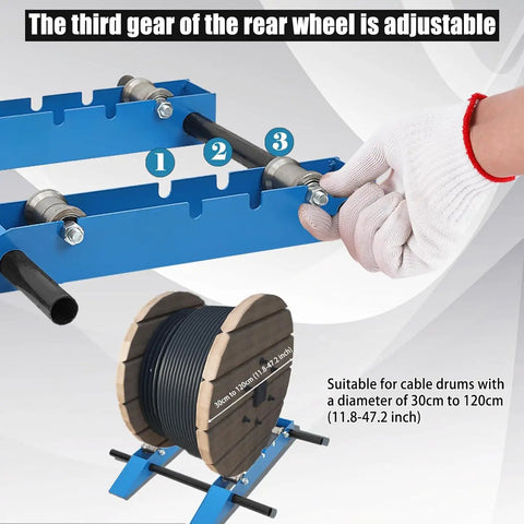 Heavy Duty Cable Drum Roller Reel Dispenser rolls out 30 to 120 cm wire spools showing adjustable rear wheel gear mechanism.