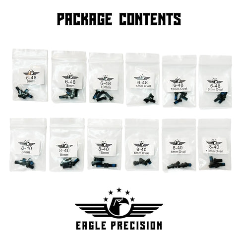 Heavy Duty 6 48 And 8 40 Combo Optics Mount Screw Kit Oval Fillister Heads showing assorted screws in bags.