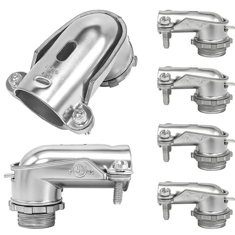 Six Pack Ninety Degree Squeeze Connectors For Three Eighths Inch AC MC FMC Flex Flexible Metal Conduit Elbow Fittings Zinc Die Cast