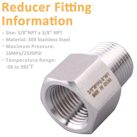 Heavy Duty Beefy Forged Reducer Adapter Fitting 304 Stainless Steel NPT 3/8 Female To 3/8 Male Pipe Connector High Pressure Rated Up To 2320 Psi Corrosion Resistant And Heat Tolerant From -50 C To 200 C Pack Of 2, 3/8 NPT stainless reducer adapter