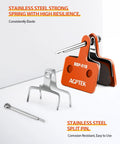 High Performance Semi Metallic Disc Brake Pads and Spring for Mountain Bike Brakes Four Pairs Dope Heat Dissipation Copper Fiber and Kevlar for Quiet Fade Free Stopping Compatible with TRP Tektro Shimano Deore BR Orange, shown with stainless steel spring and split pin.