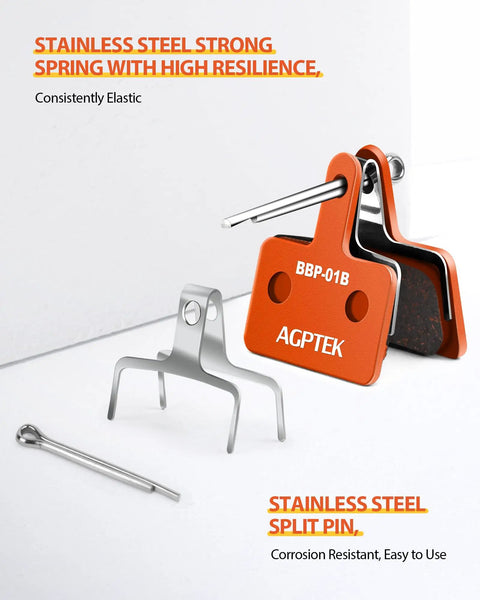 High Performance Semi Metallic Disc Brake Pads and Spring for Mountain Bike Brakes Four Pairs Dope Heat Dissipation Copper Fiber and Kevlar for Quiet Fade Free Stopping Compatible with TRP Tektro Shimano Deore BR Orange, shown with stainless steel spring and split pin.