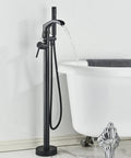 Dual Function Freestanding Tub Filler Faucet In Oil Rubbed Bronze With Waterfall Flow beside clawfoot tub, 35.8-inch tall