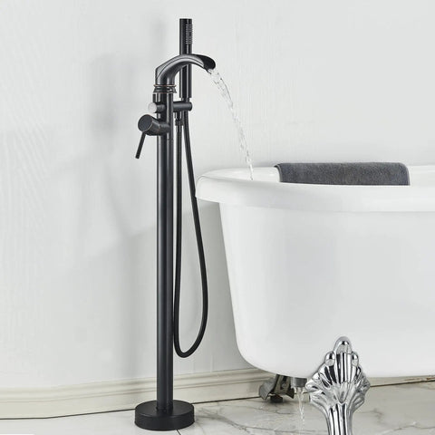 Dual Function Freestanding Tub Filler Faucet In Oil Rubbed Bronze With Waterfall Flow beside clawfoot tub, 35.8-inch tall