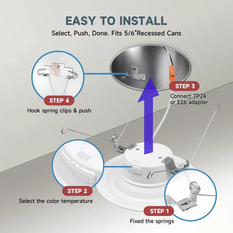 5 Or 6 Inch Led Recessed Downlight With Smooth Dimmable Ceiling Can Light installation steps, showing color selection and clip installation.