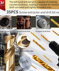 36 Piece Screw Extractor Set With Drill Bits For Removing Broken Studs Bolts And Socket Screws Includes 13 Multi-Spline Extractors 6 Spiral Extractors 16 Left-Hand Cobalt TiN HSS Drill Bits And A Center Punch Pro Grade Heavy Duty Kit displayed with broken screw and rusted nut visual.