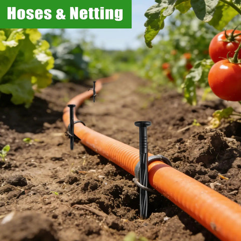 Heavy Duty 8 Inch Plastic Landscape Edging Spikes, 220 Pack shown securing garden hose in a vegetable garden