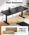 Electric Standing Desk 71 By 30 Inch Built To Be A Workhorse With Quiet Brushless Motor Height Adjustment Four Memory Presets Sit Stand Home Office Computer Desk With Thick T Shaped Frame, shown with dimensions and shipping boxes.
