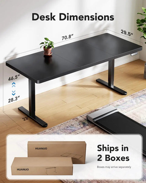 Electric Standing Desk 71 By 30 Inch Built To Be A Workhorse With Quiet Brushless Motor Height Adjustment Four Memory Presets Sit Stand Home Office Computer Desk With Thick T Shaped Frame, shown with dimensions and shipping boxes.