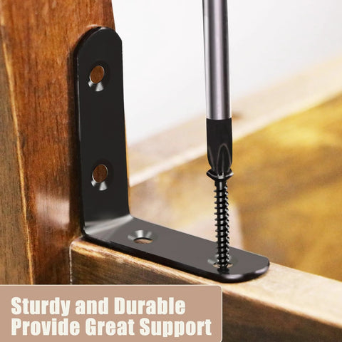 Close-up of black L-shaped corner bracket with screw securing wood, part of 18 Pack L Shape Corner Brackets Stainless Steel Heavy Duty
