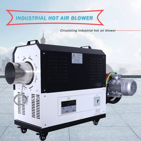 2KW Industrial Hot Air Blower And High Power Heater With Digital PID Temperature Control And Auto Overheat Safety For Heavy Duty Shop Grind Rock Solid Pro Grade Blower side view with metal outlet.