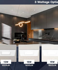 Real Deal 4 Inch Canless Recessed LED Lights Featuring Quick Dial 5 Cct Color And Heavy Duty Brackets For Tight Ceiling Gaps Wet Rated Square Trim Delivering Smooth Dimmable Performance In A 12 Pack displayed in modern kitchen with wattage options.