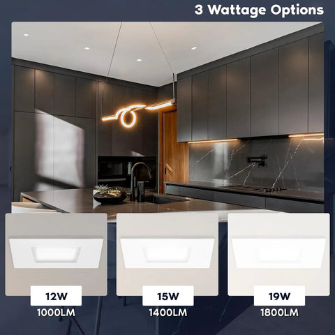 Real Deal 4 Inch Canless Recessed LED Lights Featuring Quick Dial 5 Cct Color And Heavy Duty Brackets For Tight Ceiling Gaps Wet Rated Square Trim Delivering Smooth Dimmable Performance In A 12 Pack displayed in modern kitchen with wattage options.