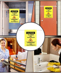 Two Pack Restroom Closed For Maintenance Signs With English And Spanish Doorway Barricade Signs On Adjustable Poles displayed in use.