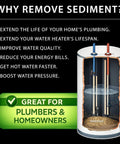 Illustration of water heater with sediment buildup highlighted, promoting Water Heater Sediment Removal Tool Kit for electric and gas heaters.