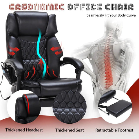 Heavy Duty Massage Office Chair With Foot Rest And Heat 6 Point Vibration With Five Modes For Back Lumbar And Seat Reclining Ergonomic Managerial Chair For Big Folks Up To 400lbs Black showing thickened headrest and seat, retractable footrest