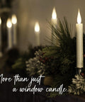 Flameless Ivory Window Candles Kit With 10 Candles And Removable Gold Weighted Plastic Holders, glowing on a festive mantel.