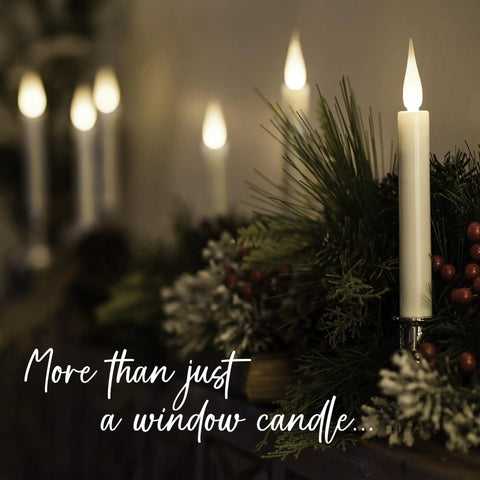 Flameless Ivory Window Candles Kit With 10 Candles And Removable Gold Weighted Plastic Holders, glowing on a festive mantel.