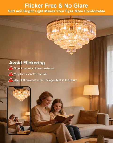 Budget-Friendly 12V LED Bulbs Pack, 10-Pack, 2700K Warm White used in chandelier, showing flicker-free lighting ambiance.