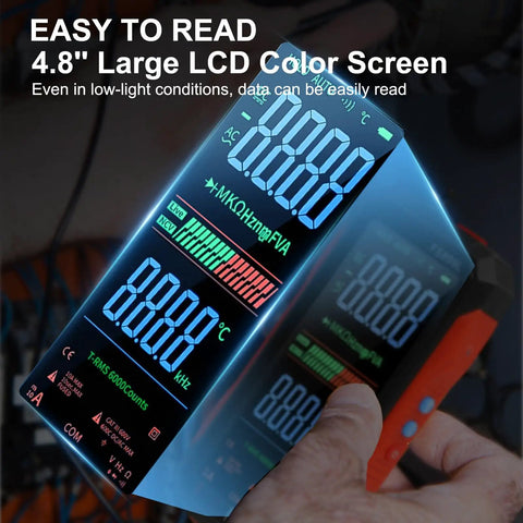 Close-up of Pro Grade Digital Multimeter with Color Backlit Display and large LCD showing readings