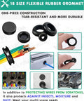 Rubber Grommet Kit 125 Pieces In Eighteen Sizes For Wiring And Automotive Firewall Protection, durable weather-resistant uses shown