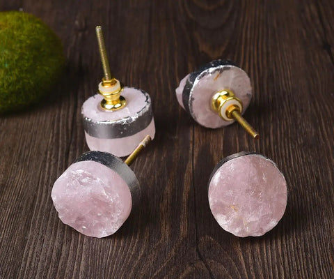 Rose Quartz Drawer Knobs Set Of 4 With Silver-Plated Edge Pink Stone Cabinet Knob Handles For Kitchen Wardrobe Cupboard