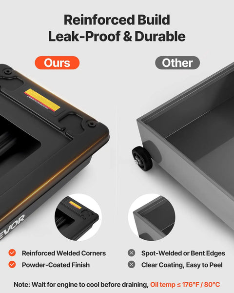 Comparison of Low Profile Oil Drain Pan 17 Gallon Tank With Electric Pump and Flex Hose showing reinforced build and durability.