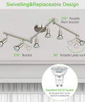 Six Light LED Track Lighting Kit In Matte Nickel Finish showing rotatable heads and GU10 bulb under swivelling design illustration.