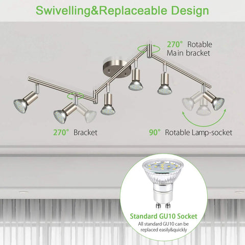 Six Light LED Track Lighting Kit In Matte Nickel Finish showing rotatable heads and GU10 bulb under swivelling design illustration.