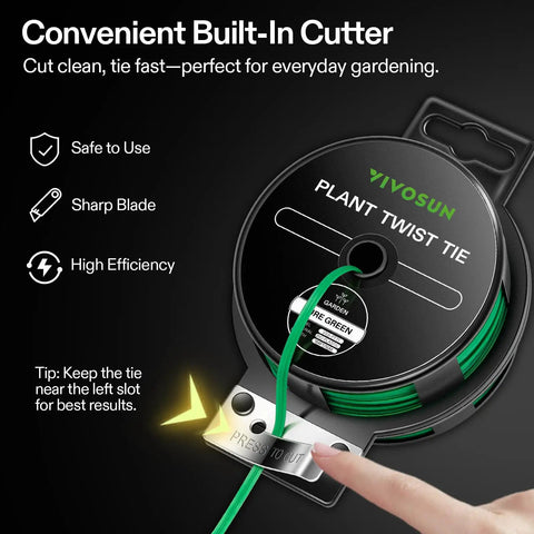 164 Ft PE Coated Green Plant Ties With Cutter showing finger pressing built-in cutter for trimming