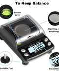 Ultra Precision Micro Scale 0.001g To 50g Pocket Scale with USB or Battery Power featuring stainless steel pan, bubble level display.
