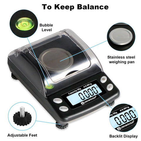 Ultra Precision Micro Scale 0.001g To 50g Pocket Scale with USB or Battery Power featuring stainless steel pan, bubble level display.