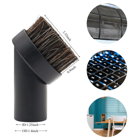 Horsehair brush from Comprehensive Vacuum Attachments Kit One And A Quarter Inch Nine Piece Set With Brush Nozzle Extension Wand And Crevice Tool Adapter For Vacuums Great For Floors Cars Upholstery And Tight Corners, showing dimensions and uses like keyboard and blinds cleaning.