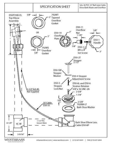Rock Solid 1 1/2 Inch Schedule 40 Pvc Cable Driven Bath Waste Kit schematic showing components and dimensions.