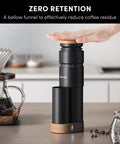 Wirsh Geimori T38 Plus Portable Electric Burr Coffee Grinder with bellow funnel for zero retention on cafe counter.