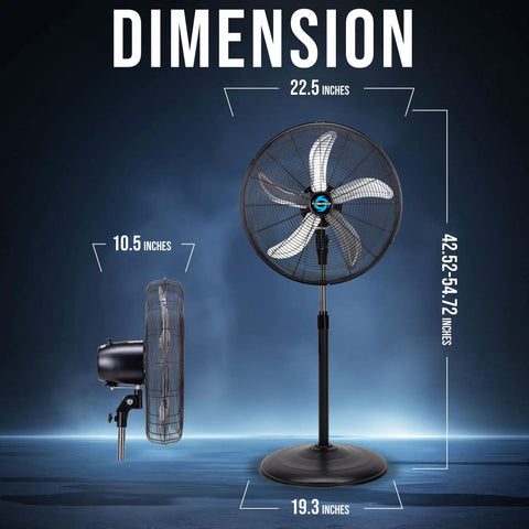 Dimensions of Beast 20 Inch Oscillating Pedestal Fan with adjustable height for industrial spaces, delivering 5000 CFM.