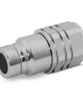 Side view of a silver metal hydraulic quick-connect coupler, flat-face high-flow skid steer, 5/8 in body.