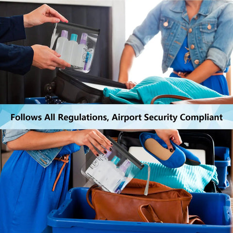 Clear TSA Approved Security Toiletry Bags Quart Size for EU UK and US Carry-On Regulations shown being packed in luggage.
