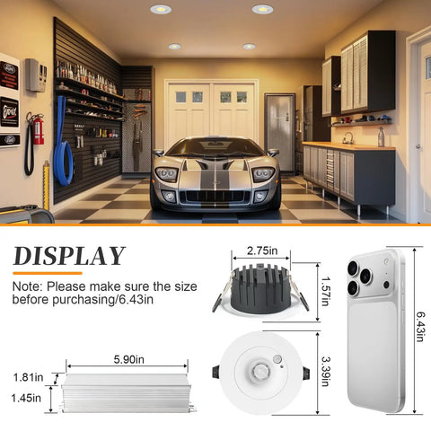 HITOO 3 Inch Motion Sensor Recessed Downlight Light 3000K, White, 2 Pack in a garage with car and tools.